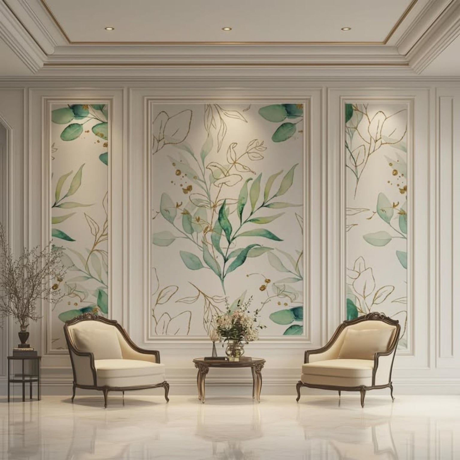 Minimal botanical wall mural in a luxury interior