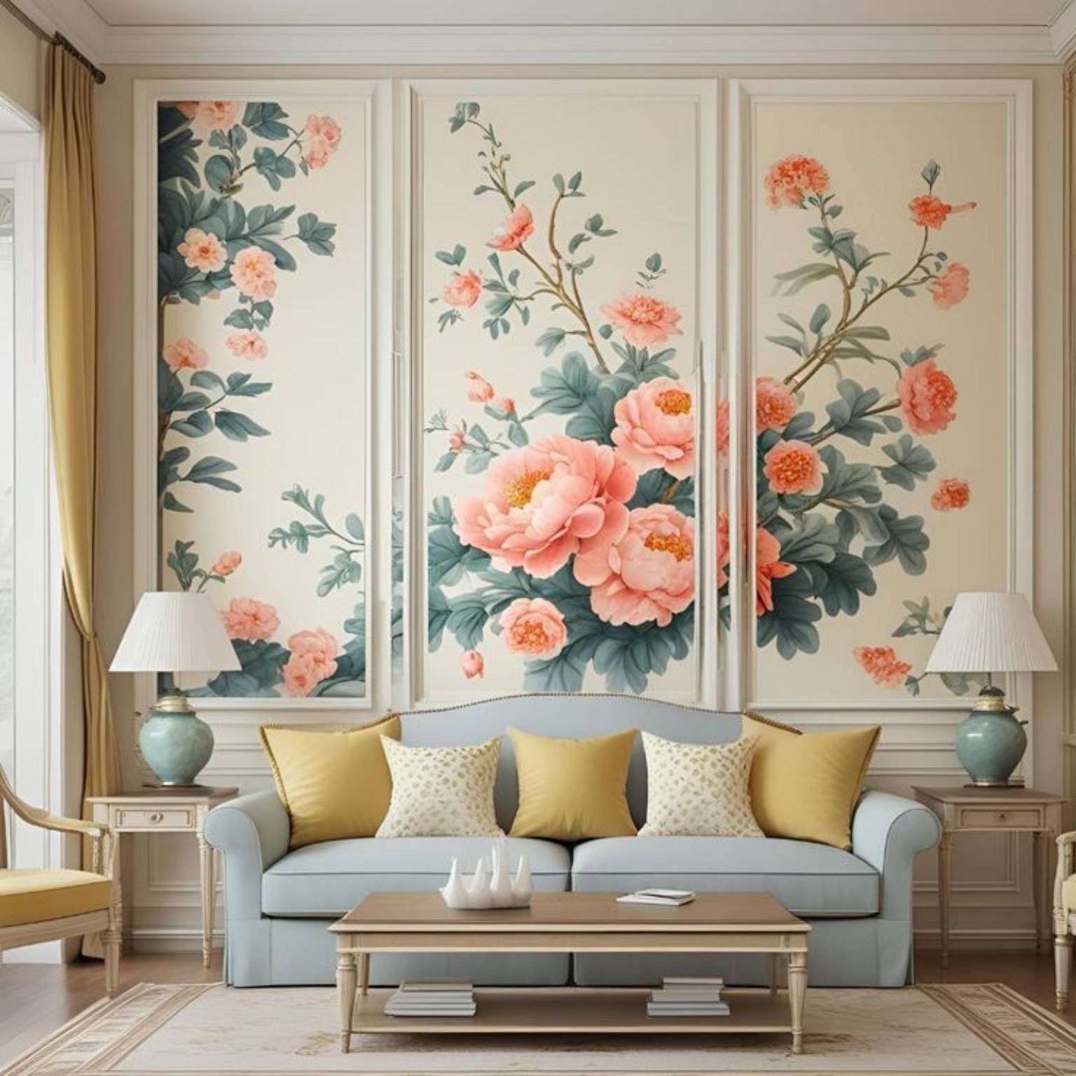 Floral mural behind a living room sofa